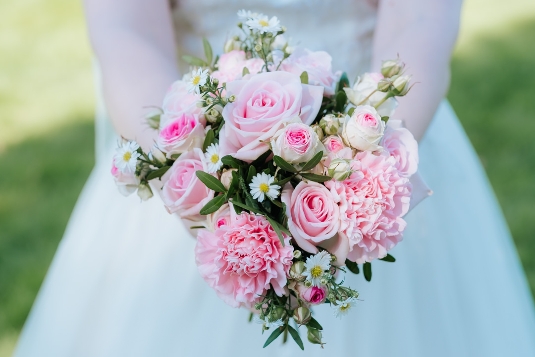 Brides wedding bouquet pink and white flowers saxon mill wedding