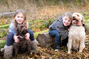 Children in the autumn woods with their dogs